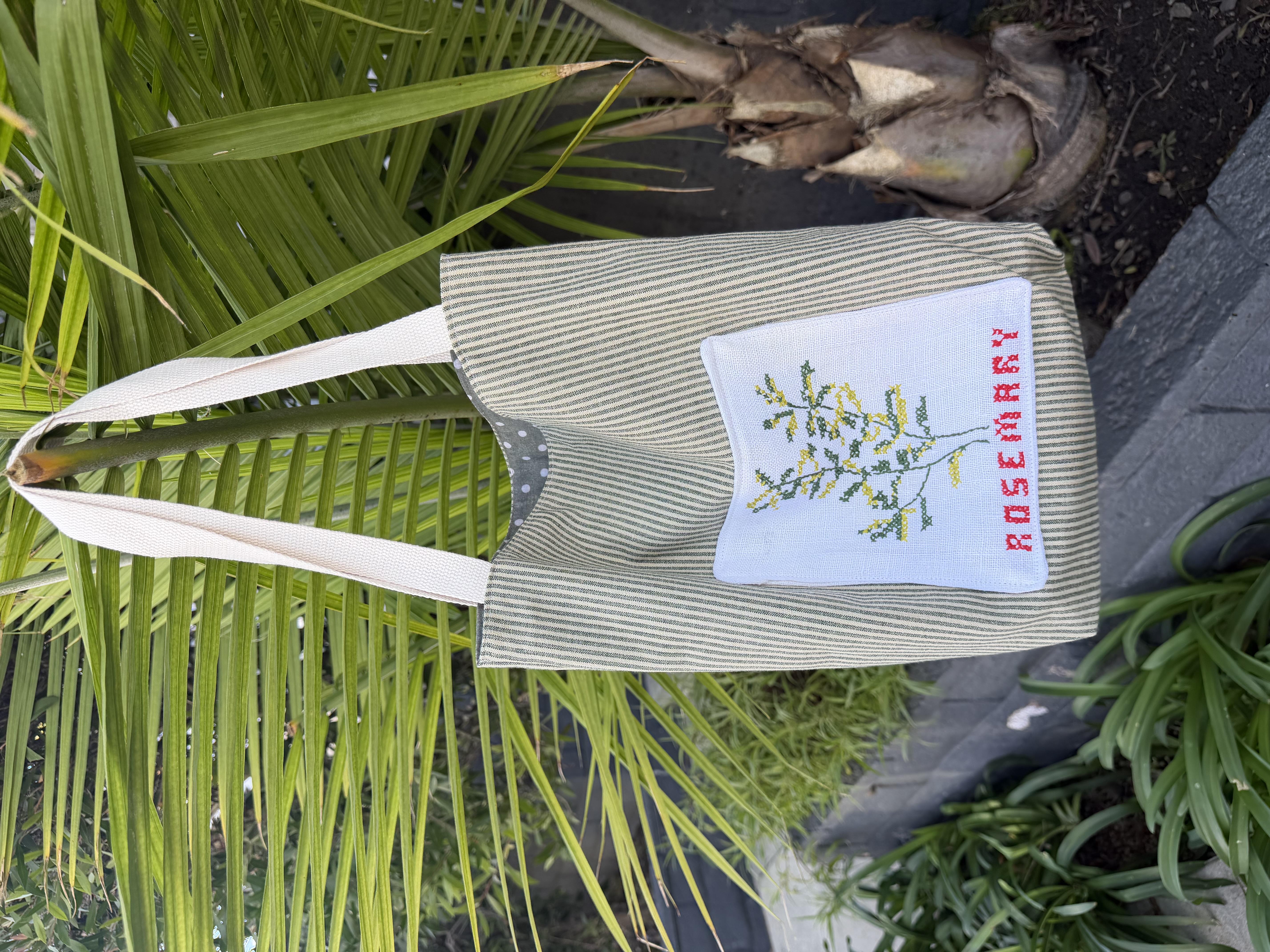 Finished tote bag with chives and dill embroidery, made for Nicole
